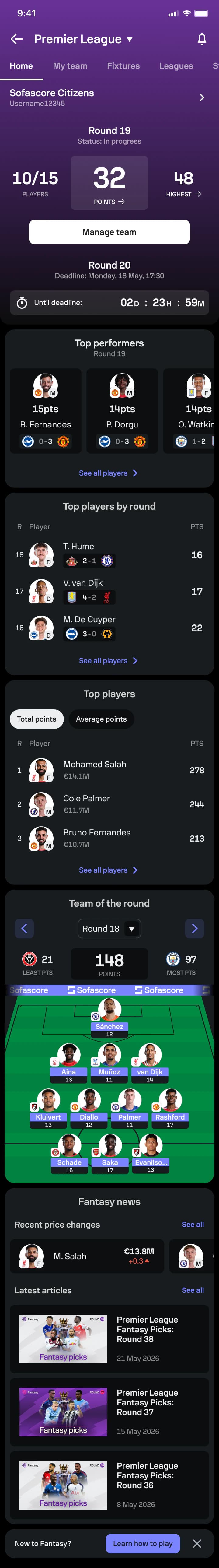 Sofascore Fantasy Competition Home interface.